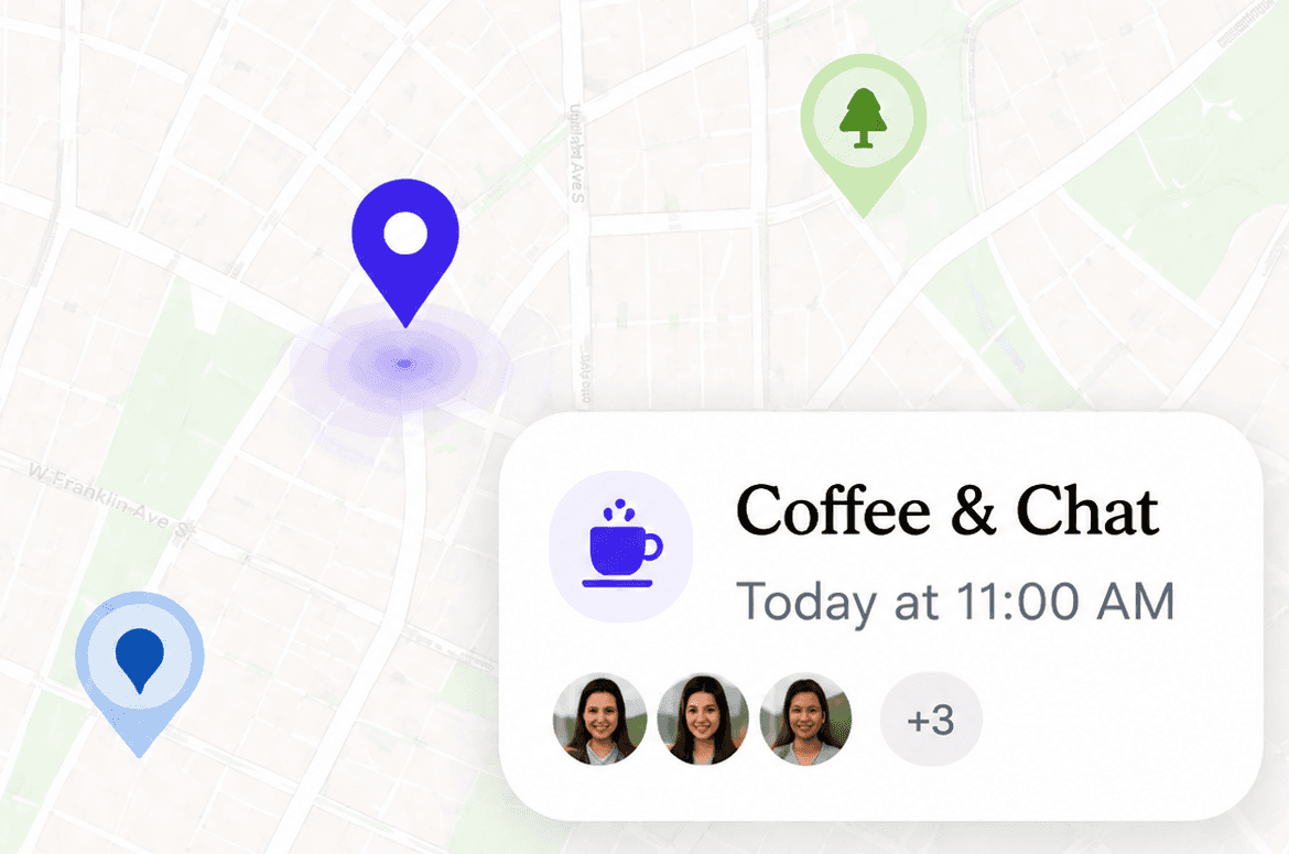 Map with hangout pins and a Coffee & Chat event card for today at 11:00 AM