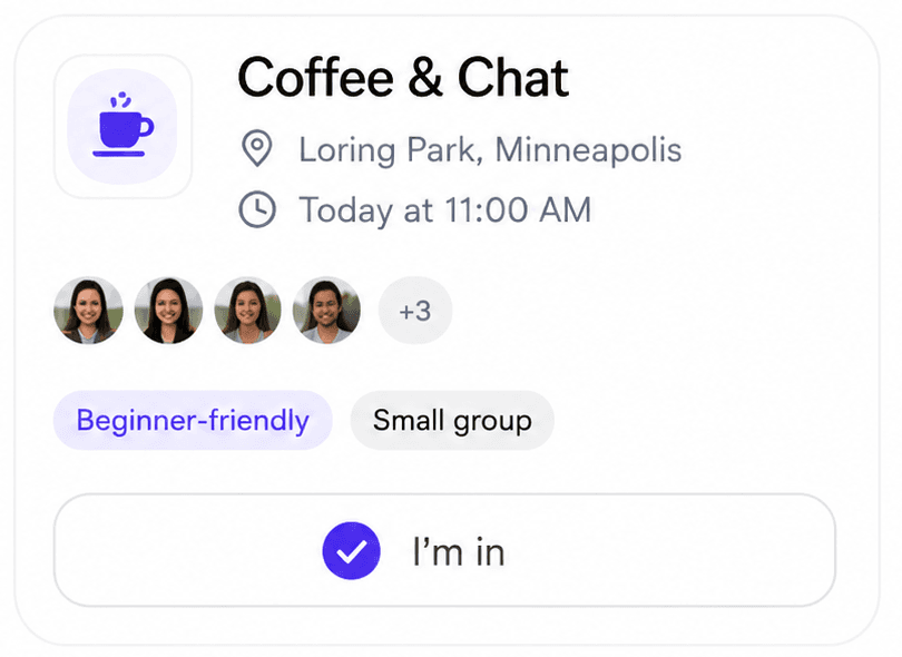 Coffee & Chat event card at Loring Park, Minneapolis with attendees, beginner-friendly and small group tags, and an I'm in button